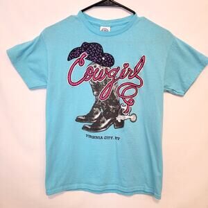 Cowgirl Graphic Tee Youth Size L Blue Virginia City NV Western Y2K Style Sparkle